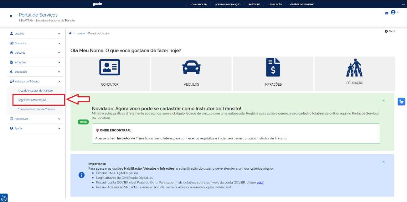 Passo 4: Dentro dela selecionar a opção de registrar curso prático.